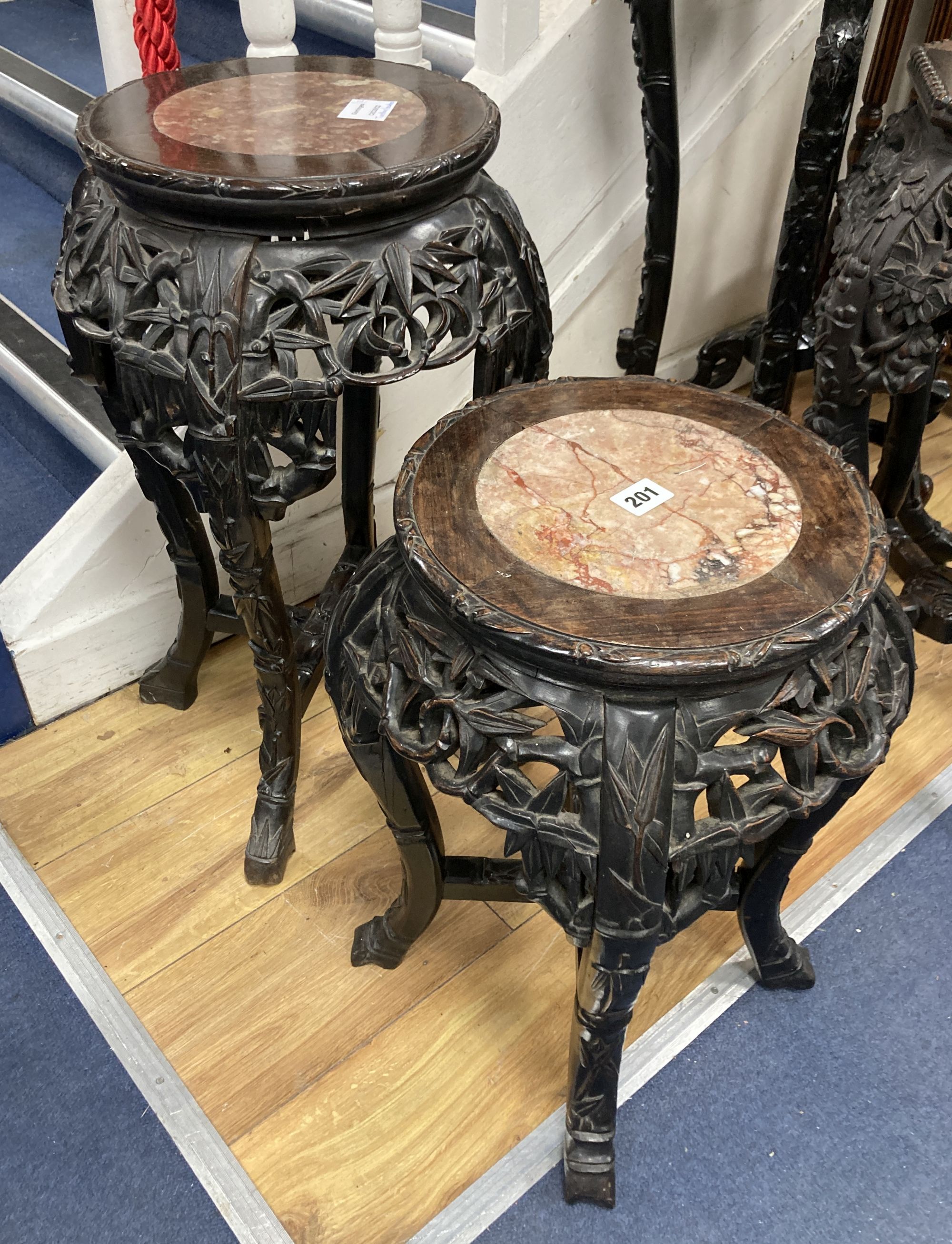 Two Chinese hongmu and marble inset faux bamboo vase stands, c.1900, larger width 36cm height 60cm